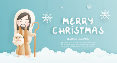 Christmas card, celebrations with Jesus Christ and his sheep , vector illustration. 
