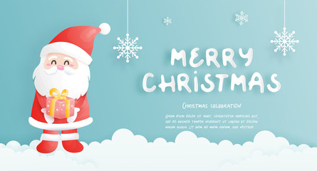 Christmas card, celebrations with cute Santa holding a gift box and Christmas scene , vector illustration. 