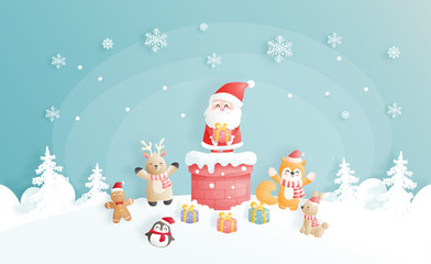 Christmas card, celebrations with cute cute Santa and friends on a chimney and Christmas scene , vector illustration. 