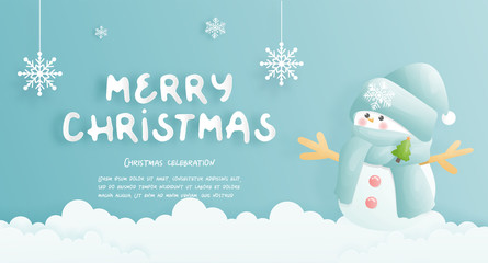 Christmas card, celebrations with cute snowman and Christmas scene , vector illustration. 