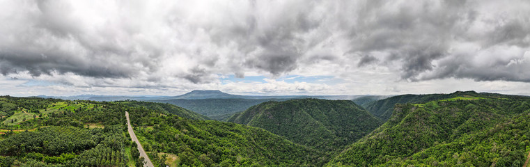 Aerial panoramic view the countryside on the background Road to mountain, Road to mountain.