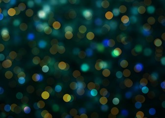 Fototapeta na wymiar Green blue yellow garland lights on dark emerald Christmas tree blur texture. Holiday magical night abstract background. Bokeh pattern.
