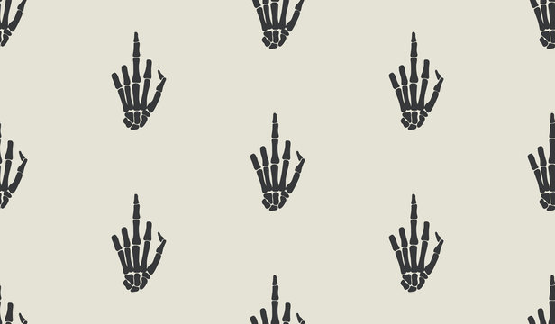 Fuck gesture sign, rentgen hand bones seamless pattern design. Skeleton hand background.  Funny tattoo old school print, wrapping paper, fabrics, branding, cloth print