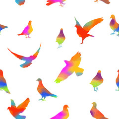 The seamless background of the pigeons. Mixed media. Vector illustration