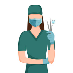 Dentist woman in mask and gloves holding instruments for examination teeth vector illustration.