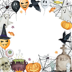 Watercolor Happy Halloween card isolated on a white background.
