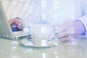 Multi exposure of tech drawings with man working on computer background. Concept of innovation.