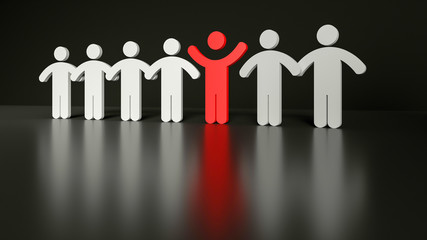 Row of human figures with a single individual standing out from the rest representing individuality and being different. Concept of exceptional and talented employee. 3d render illustration.