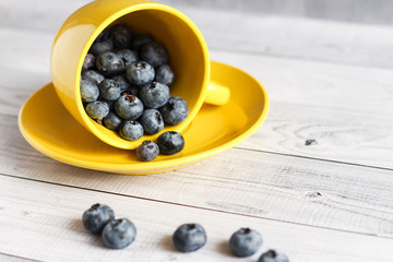 cup with fresh ripe blueberries.