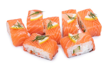Group of sushi roll with red fish isolated