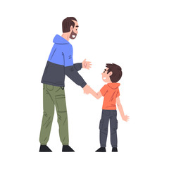 Obraz premium Dad Talking with his Little Son Holding Hands, Father and his Kid Having Good Time Together Cartoon Style Vector Illustration