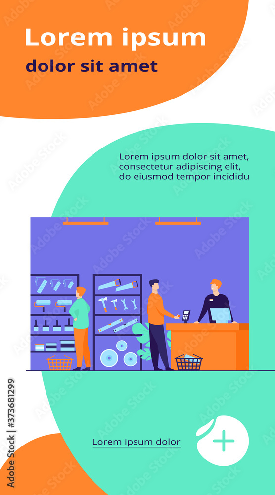 Wall mural Tool shop customers. Men choosing instrument at showcase for painting or carpentry work, paying at checkout counter, consulting salesman. Vector illustration for hardware store, house repair concept