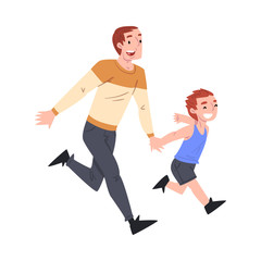 Fototapeta na wymiar Dad and his Son Running Together Holding Hands, Father and his Kid Having Good Time Together Cartoon Style Vector Illustration