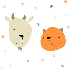 Cartoon style little goat and cat