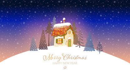 Fototapeta premium Christmas greeting card with cute little house and trees on snowy background.