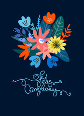 Obraz na płótnie Canvas Birthday greeting card design. Text in Spanish says happy birthday. Lush floral bouquet and hand lettering. Isolated on dark blue