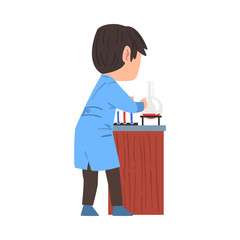 Back View of Male Chemist Scientist with Lab Equipment, Student Character Working at Medical or Researching Laboratory Cartoon Style Vector Illustration