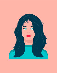 Portrait of a young dark-haired woman with blue eyes. Young woman with long hair. Female face. Vector illustration.