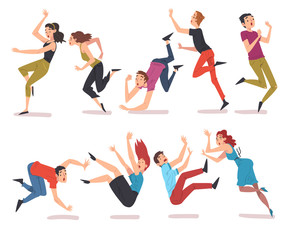 Collection of Shocked People Falling Down, Accident, Pain and Injury Cartoon Style Vector Illustration Isolated on White Background