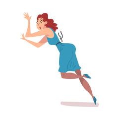 Beautiful Young Woman in Blue Dress Falling Down on Floor, Female Person with Frightened Expression on her Face Cartoon Style Vector Illustration