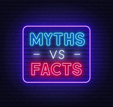 Myths vs facts neon sign on brick wall background. Vector illustration.