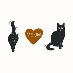 Cat silhouettes set Isolated on white background. Vector illustration cats in different poses.