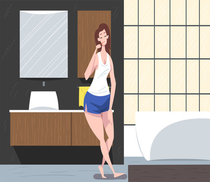 Girl Brushing Her Teeth in Bathroom, Daily Routine, Hygiene Procedures Cartoon Vector Illustration