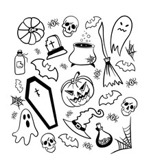 Set of Halloween doodles. Vector illustration with black and white linear elements.