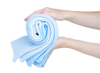 folded blue warm plaid blanket in hand on white background isolation