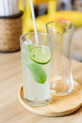 Lemon juice with ice Mint leaves bar in glass