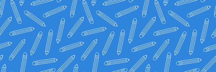 Education symbols seamless banner. Vector online studing web banner e-learning horizontal doodle poster. White line isolated on background