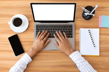 Top view woman using personal computer at home
