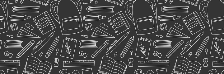 Education symbols seamless banner. Vector online studing web banner, e-learning horizontal doodle poster. White line isolated on background