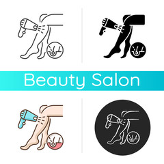Laser hair removal icon. Depilation procedure. Device for shaving unwanted hair. Epilator. Personal hygiene. Beautician services. Linear black and RGB color styles. Isolated vector illustrations