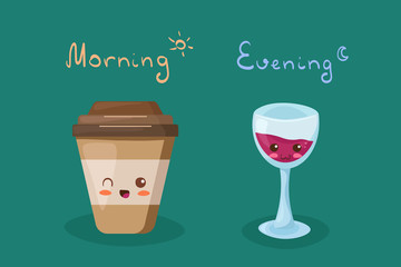 Kawaii Coffee & Glass of Wine vector characters isolated on white background. Funny smiling drinks with lettering. Cute & comic morning & evening beverage illustration on dark vibrant background.