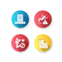 Waterslide types flat design long shadow glyph icons set. Speed slide, eating area, no jewelry and be careful warning. Waterpark activities and rules. Silhouette RGB color illustrations