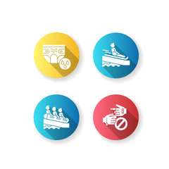 Aquapark recreation tips flat design long shadow glyph icons set. Swim diapers, family rafting and mat sliding. Water park rules and safety precautions. Silhouette RGB color illustrations