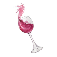 watercolor illustration glass with red wine