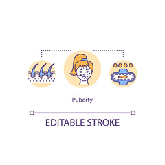 Puberty concept icon. Girl maturation. Teenager development. Menstrual cycle and acne. Sexual education idea thin line illustration. Vector isolated outline RGB color drawing. Editable stroke
