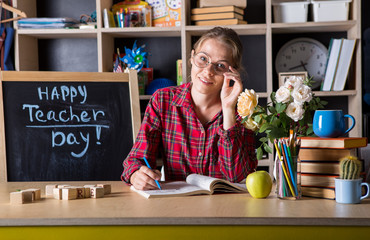 Formal education. Teacher pretty woman enjoy educational process in classroom. Teachers day.  (Soft...