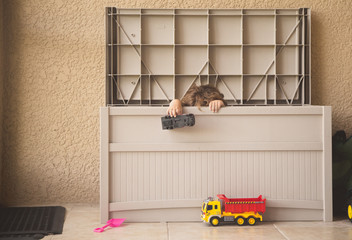boy playing in his patio with his toys on a summer day hiding in a storage bin 
