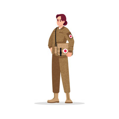 Military doctor semi flat RGB color vector illustration. Military surgeon. Noncombatant doctor. Young caucasian woman working as combat medic isolated cartoon character on white background