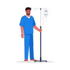 Male nurse semi flat RGB color vector illustration. Medical staff. Male health professional. Young latino doctor with intravenous pole isolated cartoon character on white background