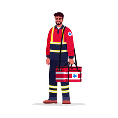 Paramedic semi flat RGB color vector illustration. EMT. Male emergency medical technician. Hispanic man working as EMT with medical bag isolated cartoon character on white background