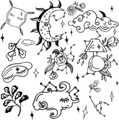 Set of cute vector doodle illustration  images on a summer night theme. Concept design for decoration.