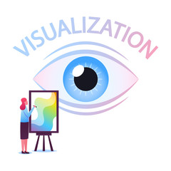 Visualization, Positive Thinking. Female Character Painting Abstract Picture on Easel with Huge Human Eye Looking at her