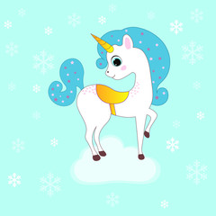 Beautiful unicorn with cloud vector illustration. Winter. Unicorn with snowflakes. Merry Christmas.  Can be used for clothing. Use for print, surface design, fashion wear. For design of card and invit