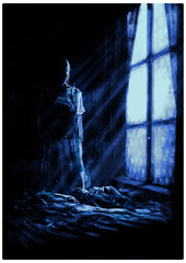 An ominous female ghost figure in a dark room is illuminated by the bright rays of the moon from a large window. 2D illustration
