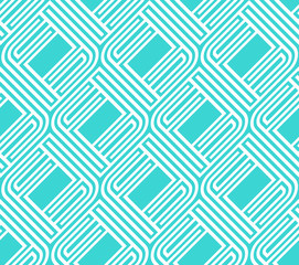 Contemporary repeating white linear outline diagonal squares pattern on a turquoise background, geometric vector illustration