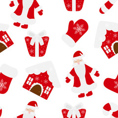 Seamless pattern Santa Claus Christmas tree star gift candy mittens boots vector illustration.